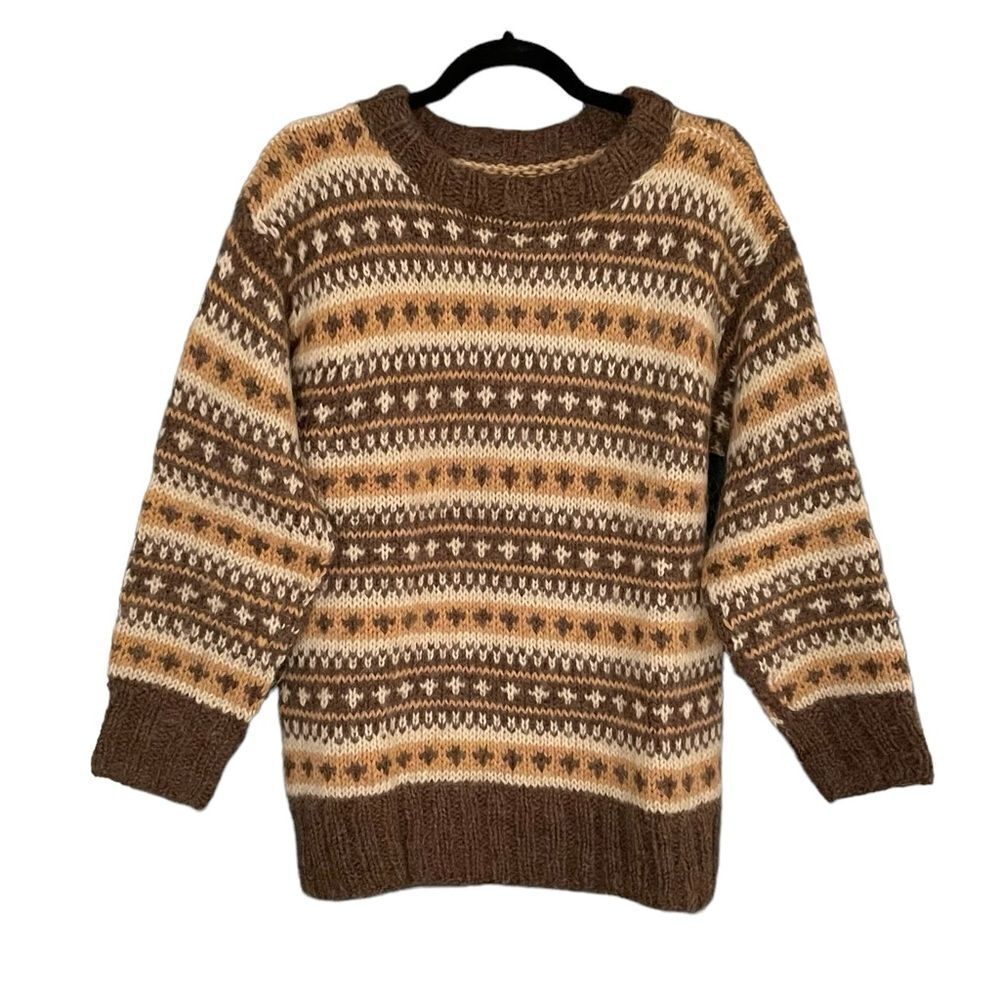 HAND KNIT Vintage Wool Sweater Pattern Design Brown Tan Cream L